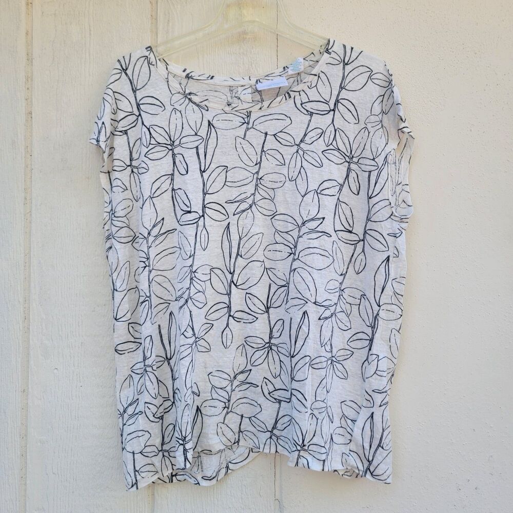 Cynthia Rowley 100% Linen Leaf Print Button Back Top Wmns XL Boxy Beachy Coastal